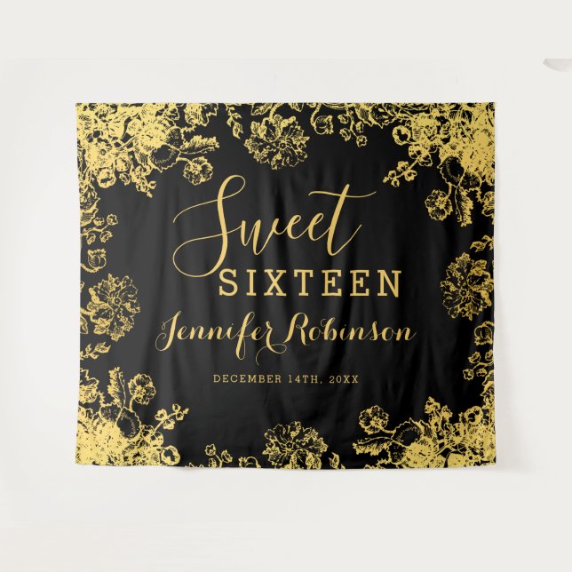 Backdrop 16th Sweet Sixteen Birthday Gold Floral Tapestry (Front (Horizontal))
