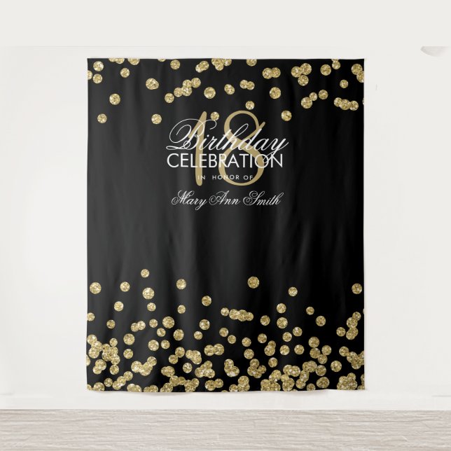 Backdrop 18th Birthday Gold Black Confetti Tapestry (Front)