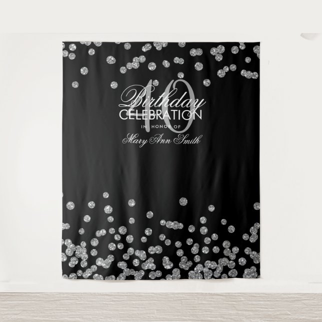 Backdrop 40th Birthday Silver Black Confetti Tapestry (Front)