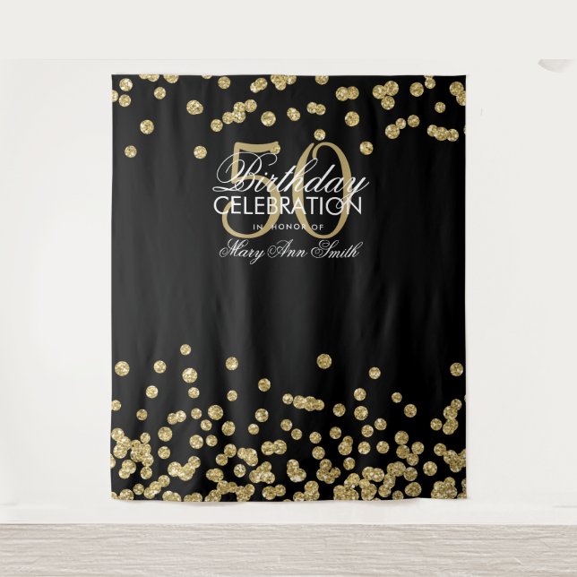Backdrop 50th Birthday Gold Black Confetti Tapestry (Front)