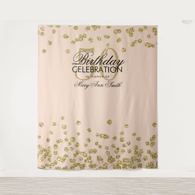 Backdrop 50th Birthday Gold Blush Pink Confetti Tapestry (Front)