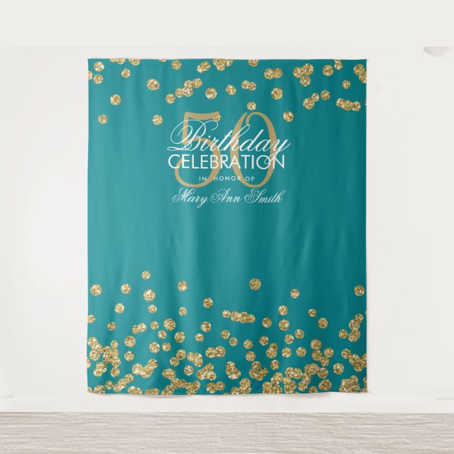 Backdrop 50th Birthday Gold Teal Confetti Tapestry (Front)