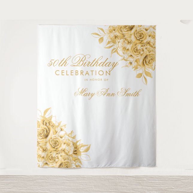 Backdrop 50th Birthday Party Floral Gold & White Tapestry (Front)