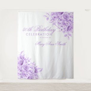 Backdrop 50th Birthday Party Floral Purple & White Tapestry