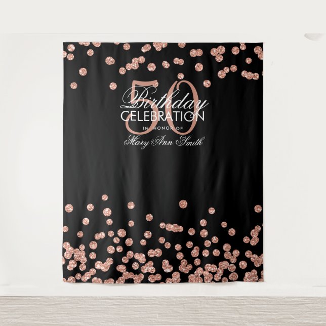 Backdrop 50th Birthday Rose Gold Black Confetti Tapestry (Front)