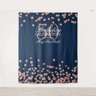 Backdrop 50th Birthday Rose Gold Navy Confetti Tapestry