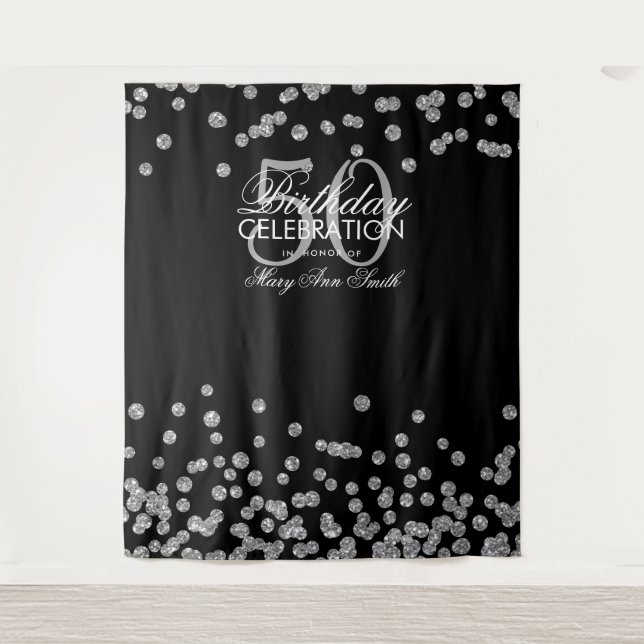 Backdrop 50th Birthday Silver Black Confetti Tapestry (Front)