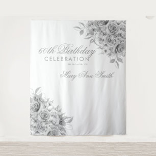 Backdrop 60th Birthday Party Floral Silver & White Tapestry