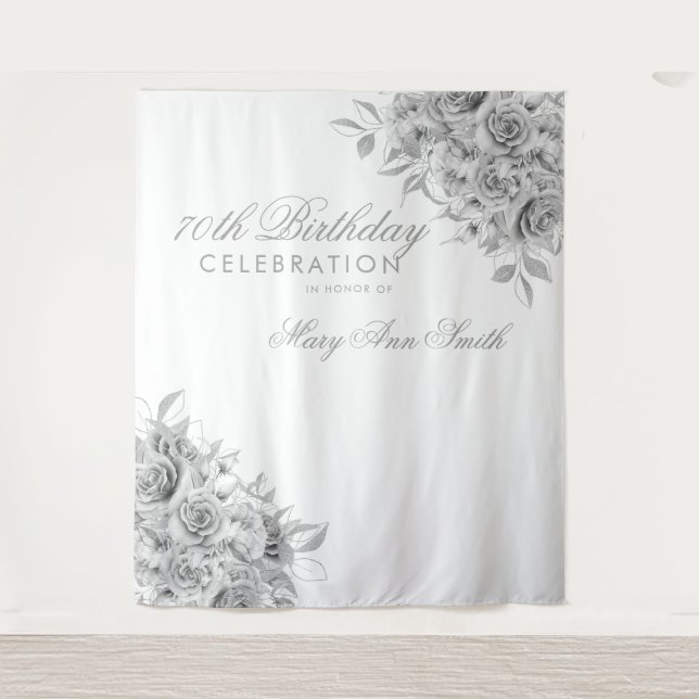 Backdrop 70th Birthday Party Floral Silver & White Tapestry (Front)