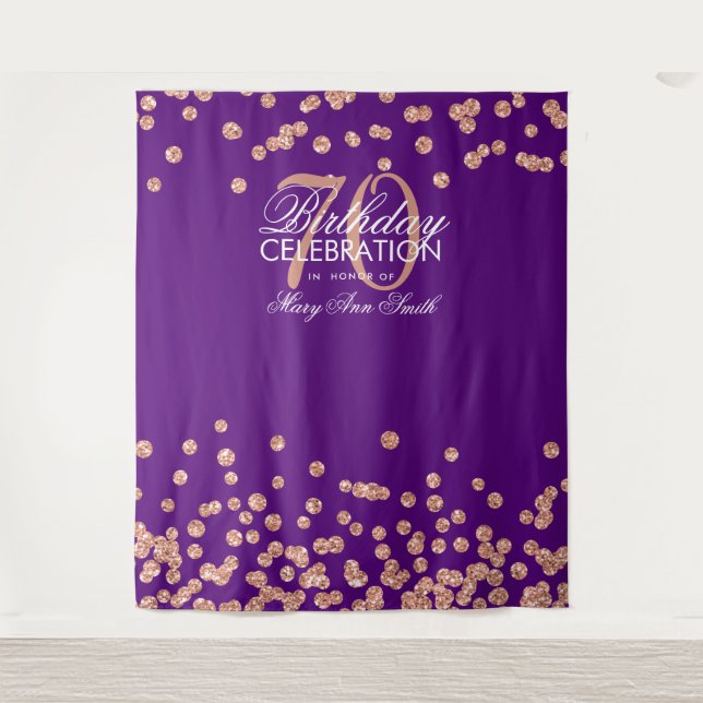 Backdrop 70th Birthday Rose Gold Purple Confetti Tapestry (Front)