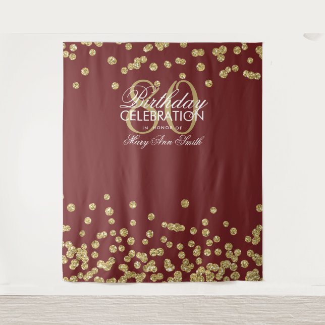 Backdrop 80th Birthday Gold Burgundy Confetti Tapestry (Front)