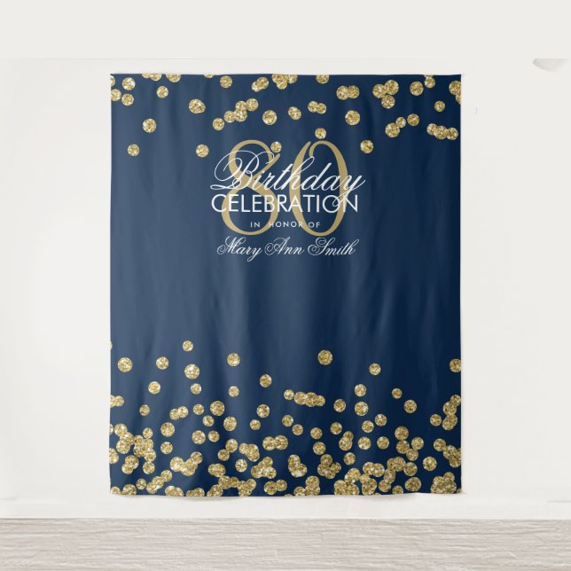 Backdrop 80th Birthday Gold Navy Confetti Tapestry (Front)