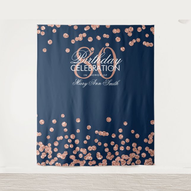 Backdrop 80th Birthday Rose Gold Navy Confetti Tapestry (Front)