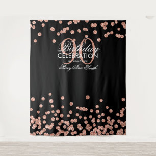 Backdrop 90th Birthday Rose Gold Black Confetti Tapestry