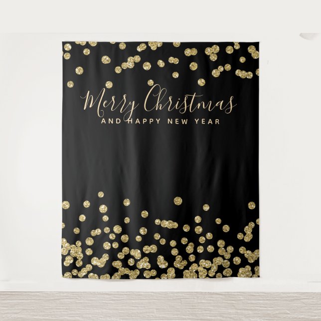 Backdrop Christmas Holiday Gold Black Confetti Tapestry (Front)
