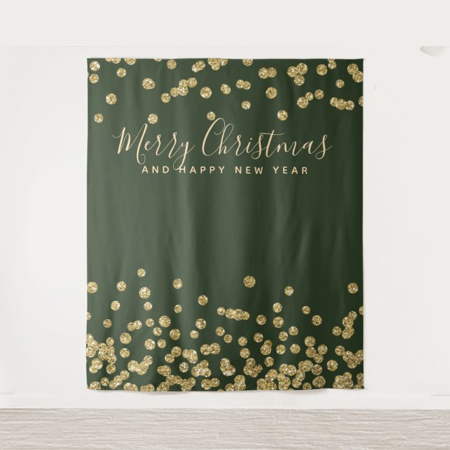 Backdrop Christmas Holiday Gold Green Confetti Tapestry (Front)