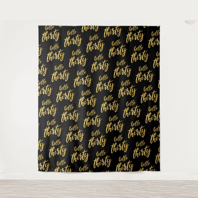 Backdrop Gold Black "Hello Thirty" Birthday Tapestry (Front)
