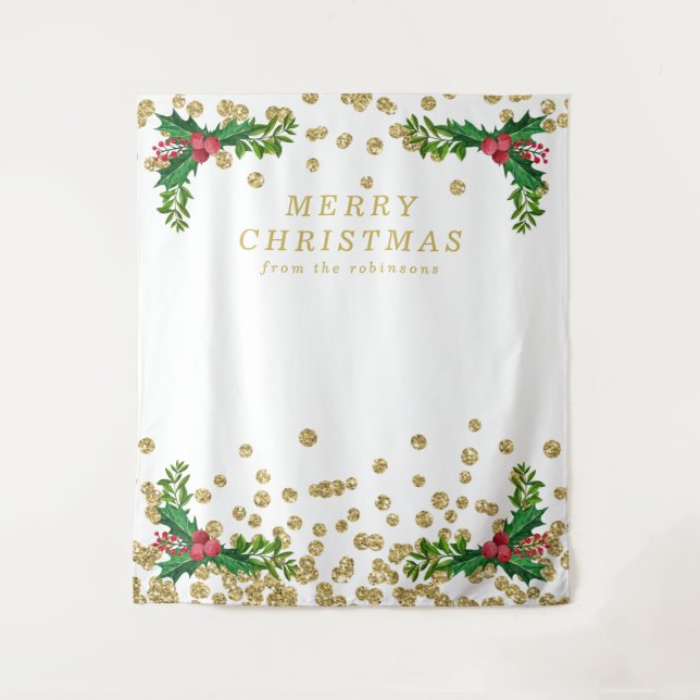 Backdrop Gold Red Merry Christmas Holly Glitter Tapestry (Front)