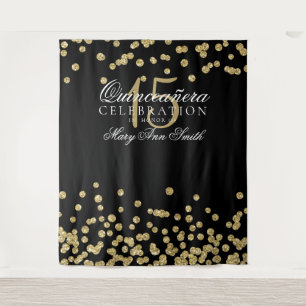 Backdrop Quinceanera Party Gold Black Confetti Tapestry