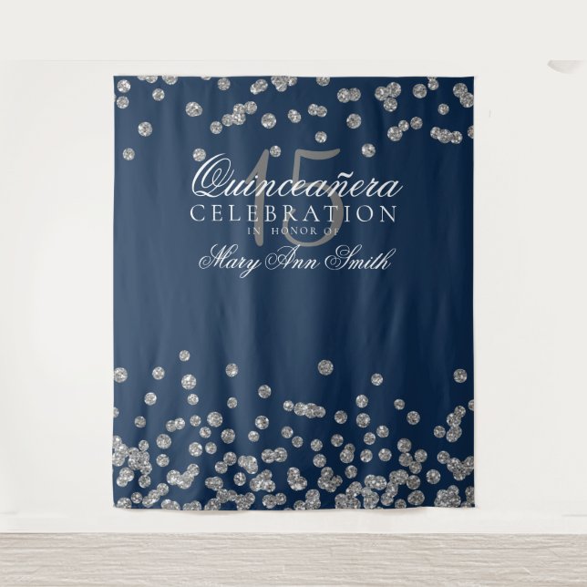 Backdrop Quinceanera Party Silver Navy Confetti Tapestry (Front)