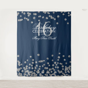 Backdrop Sweet 16 Navy Silver Glitter Confetti Tapestry