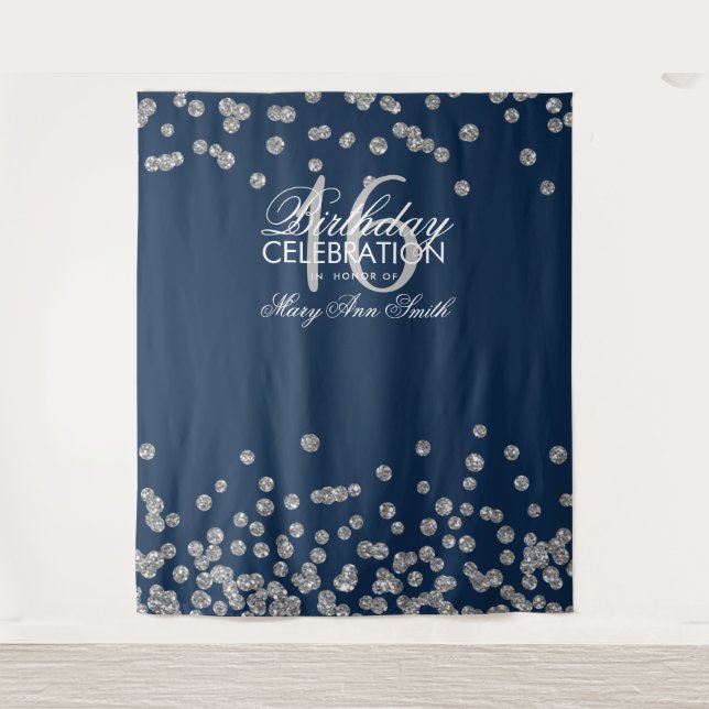 Backdrop Sweet 16 Navy Silver Glitter Confetti Tapestry (Front)