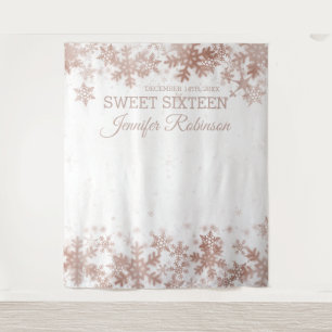Backdrop Sweet 16 Rose Gold Winter Snowflakes Tapestry