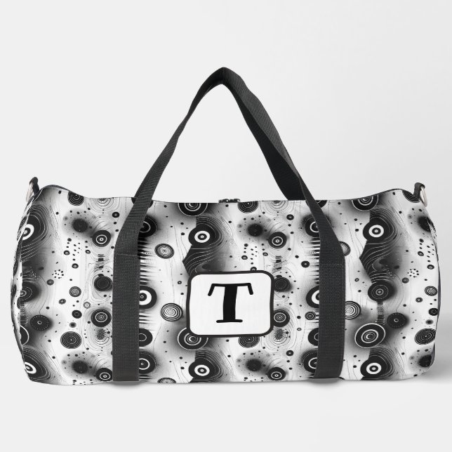 Background black & white abstract lines circles 2 duffle bag (Front)