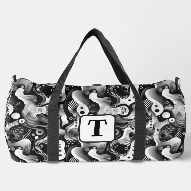 Background black & white abstract lines circles 4 duffle bag (Front)