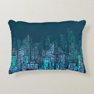 Background of night Cityscape. Hand drawn illustra Decorative Cushion