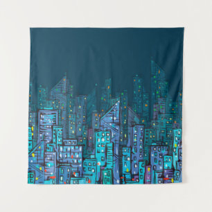 Background of night Cityscape. Hand drawn illustra Tapestry