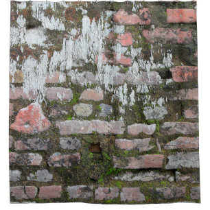 Background of old orange and grey bricks, part of shower curtain