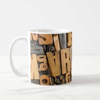 Background of vintage wooden letter casesletter,pr coffee mug