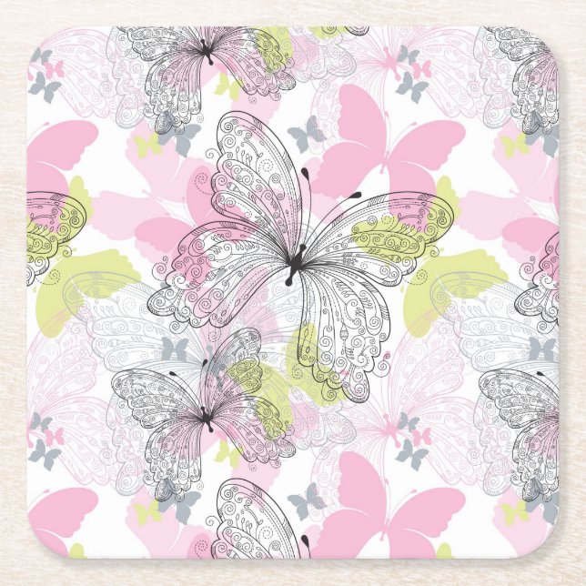 Background with butterfly square paper coaster (Front)