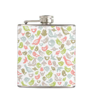 background with colourful birds ornament hip flask