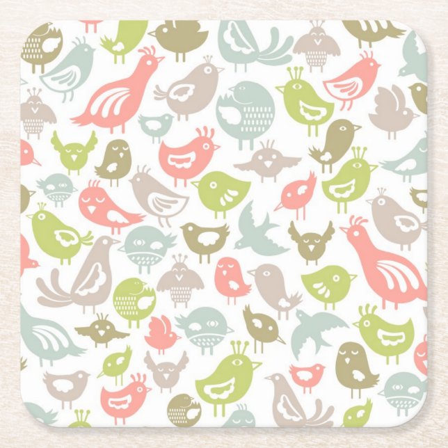background with colourful birds ornament square paper coaster (Front)