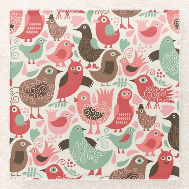 background with cute birds glass coaster (Front)