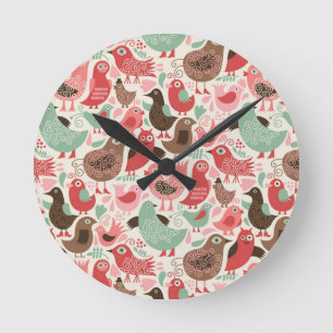 background with cute birds round clock