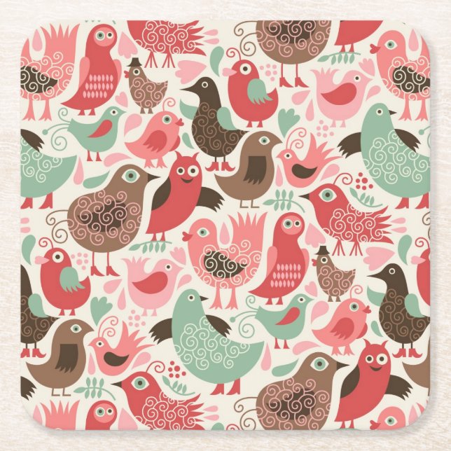 background with cute birds square paper coaster (Front)