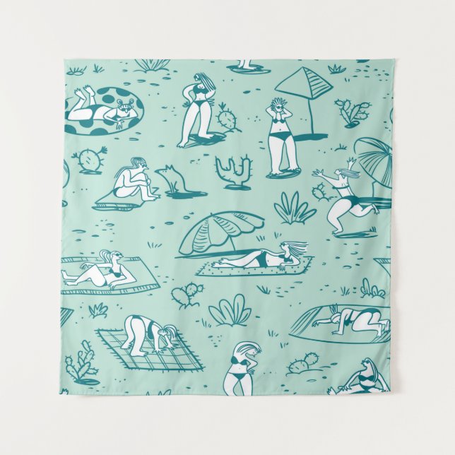 Background with summer beach girls. Seamless patte Tapestry (Front)