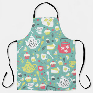 Background with Teapots,  Cups,  Lemon,  Flowers a Apron