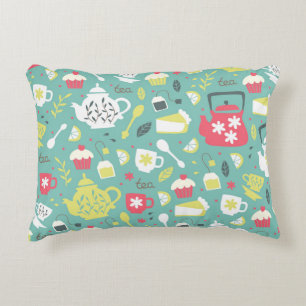 Background with Teapots, Cups, Lemon, Flowers a Decorative Cushion