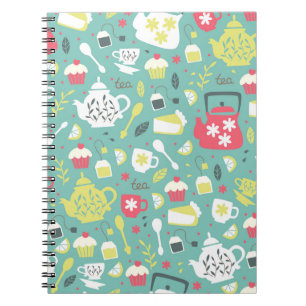Background with Teapots, Cups, Lemon, Flowers a Notebook