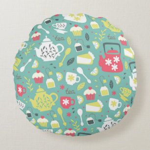 Background with Teapots,  Cups,  Lemon,  Flowers a Round Cushion