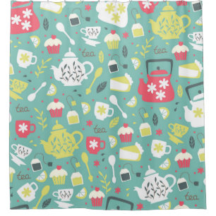 Background with Teapots, Cups, Lemon, Flowers a Shower Curtain