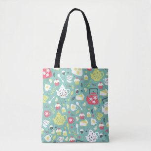 Background with Teapots, Cups, Lemon, Flowers a Tote Bag