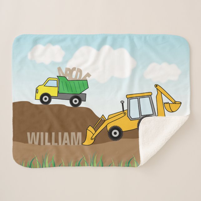 Backhoe and Dump Truck Personalised Sherpa Blanket (Front (Horizontal))