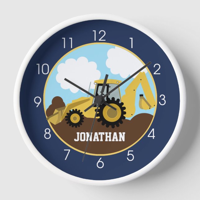 Backhoe Construction Navy Blue Boys Kids Wall Clock (Front)