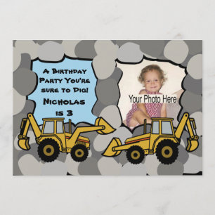 Backhoe Quary Birthday Photo Invitation