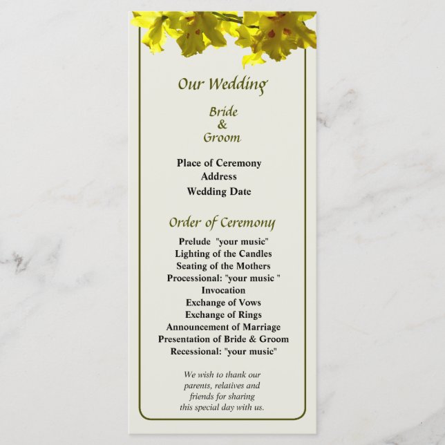 Backlit Yellow Orchid Wedding Program Programme (Front)